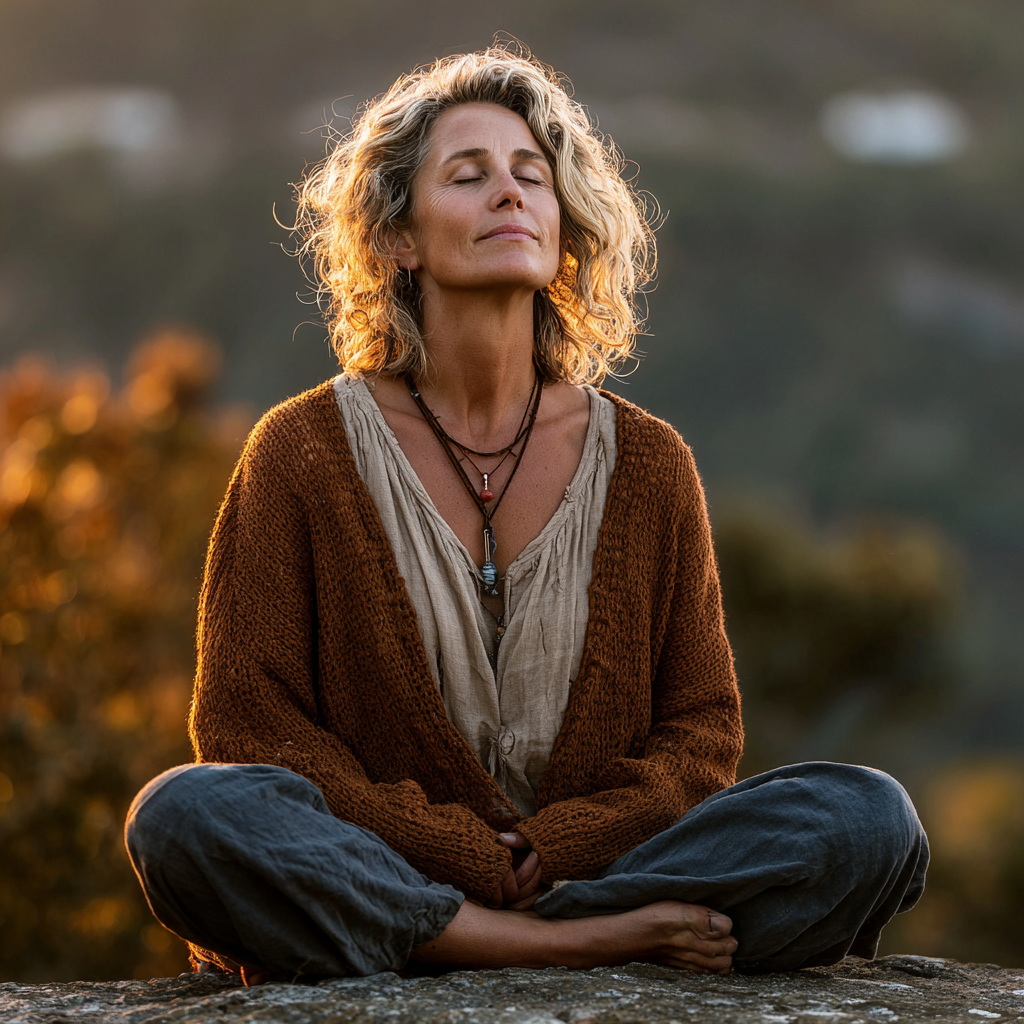 Peaceful middle-aged woman in her early 50s practicing yoga meditation pose outdoors in serene natural setting, wearing comfortable earth-toned clothing, sitting cross-legged with eyes closed in mindful contemplation